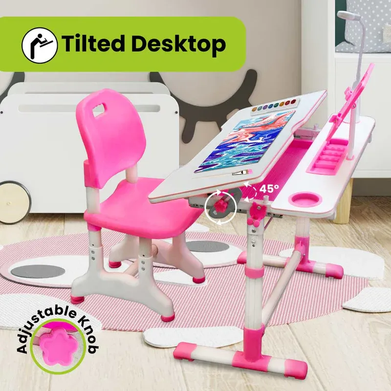 Photo 3 of Height Adjustable Desk for Kids - Chair, Book Stand, Drawers, LED Lamp PINK**
