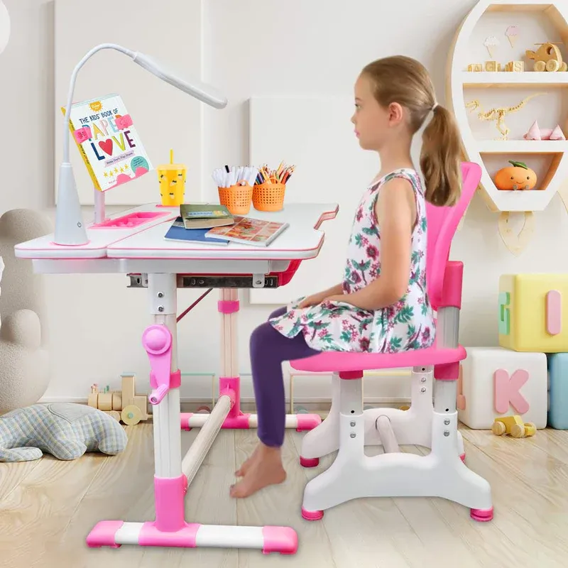 Photo 5 of Height Adjustable Desk for Kids - Chair, Book Stand, Drawers, LED Lamp PINK**