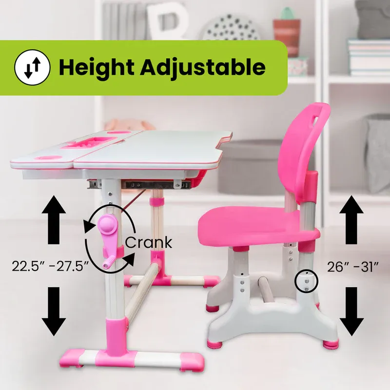 Photo 2 of Height Adjustable Desk for Kids - Chair, Book Stand, Drawers, LED Lamp PINK**