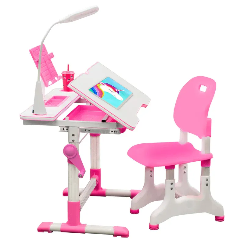 Photo 1 of Height Adjustable Desk for Kids - Chair, Book Stand, Drawers, LED Lamp PINK**