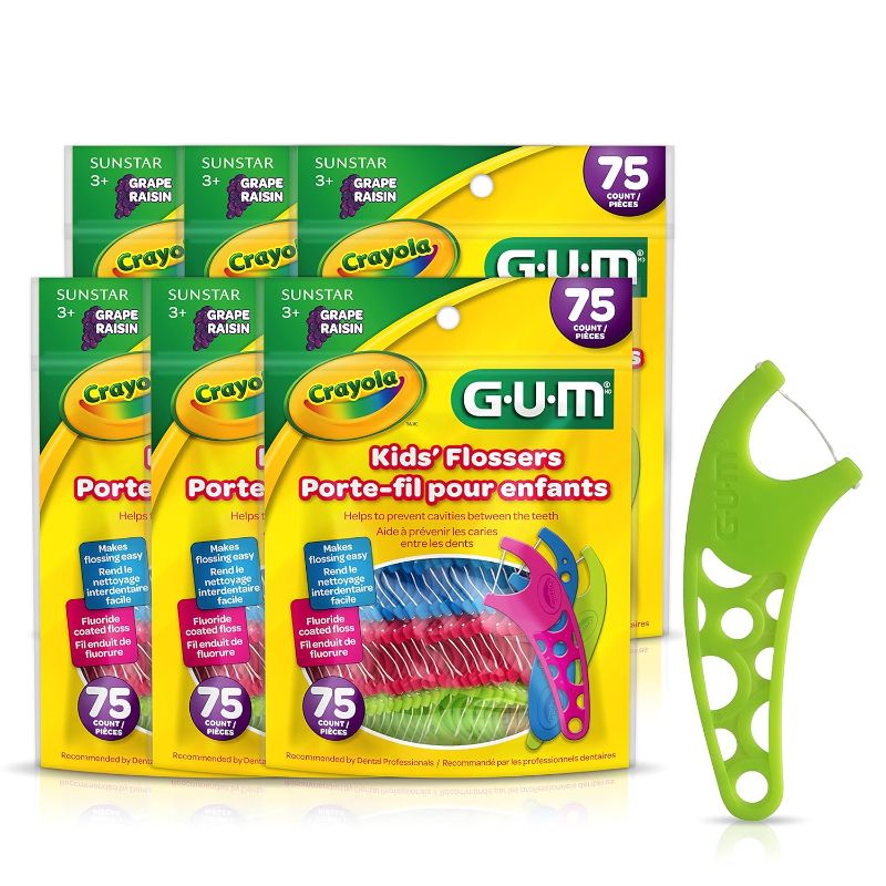 Photo 1 of GUM - 70070942306514 Crayola Kids? Flossers, Grape, Fluoride Coated, Easy Grip Handle, Ages 3+, 75 Count, (Pack of 6)