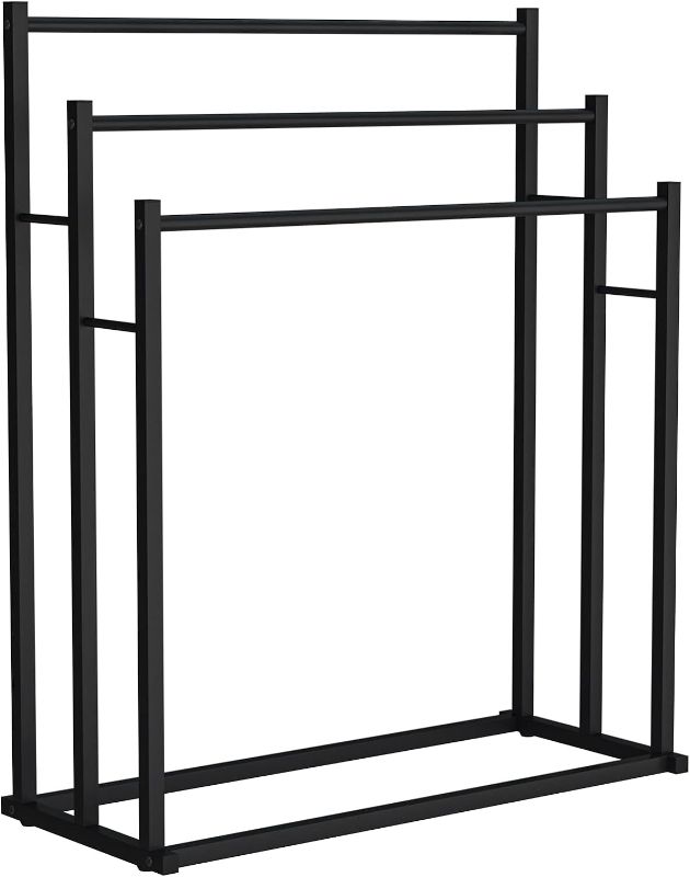 Photo 1 of Honiter Towel Racks for Bathroom, 3 Tiers Metal Towel Rack Standing, Freestanding Towel Holder for Bath Storage & Hand Towels, Blanket Holder, Next to Tub or Shower, Pool Towel Racks Outdoor, Black