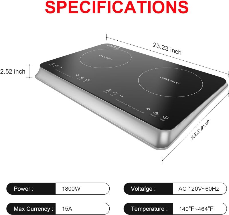 Photo 2 of Double Induction Cooktop Burner with Fast Warm-Up Mode, 1800w 2 Induction Burner with 10 Temperature 9 Power Settings, Portable Dual Induction Cooker Cooktop with Child Safety Lock & Time