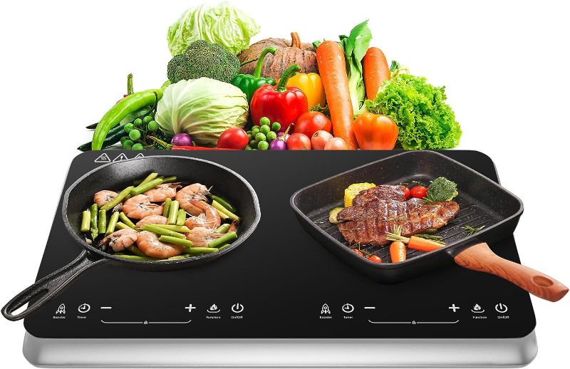 Photo 1 of Double Induction Cooktop Burner with Fast Warm-Up Mode, 1800w 2 Induction Burner with 10 Temperature 9 Power Settings, Portable Dual Induction Cooker Cooktop with Child Safety Lock & Time