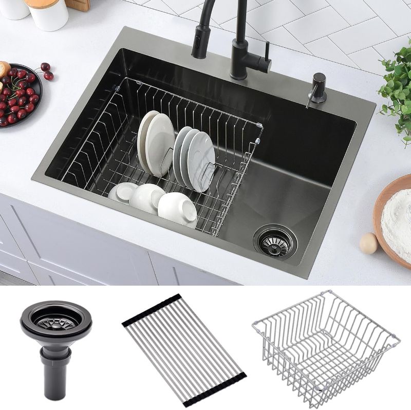 Photo 1 of 28 Drop In Black Stainless Steel Kitchen Sink, 28 X 22 X 10 Inches 16 Gauge Nano Black Stainless Steel Single Bowl Topmount Kitchen Sink With Accessories SM011SBG
