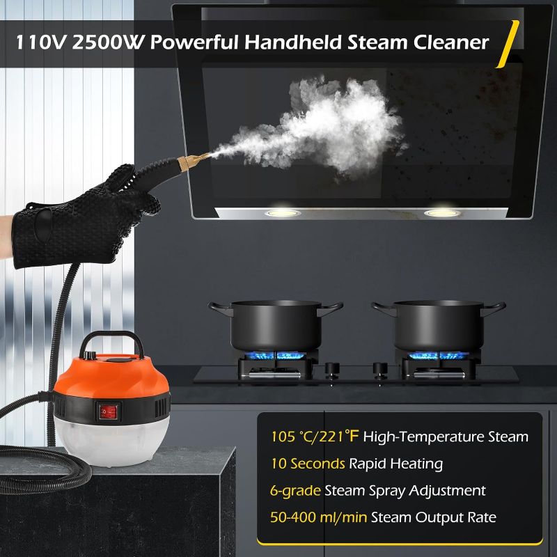 Photo 2 of Dyna-Living Handheld Steam Cleaner 2500W Steam Cleaner for Cleaning Portable High Pressure Car Steamer 1.4L Large Water Tank Electric Steamer Cleaner Machine for Auto Detailing (Orange)