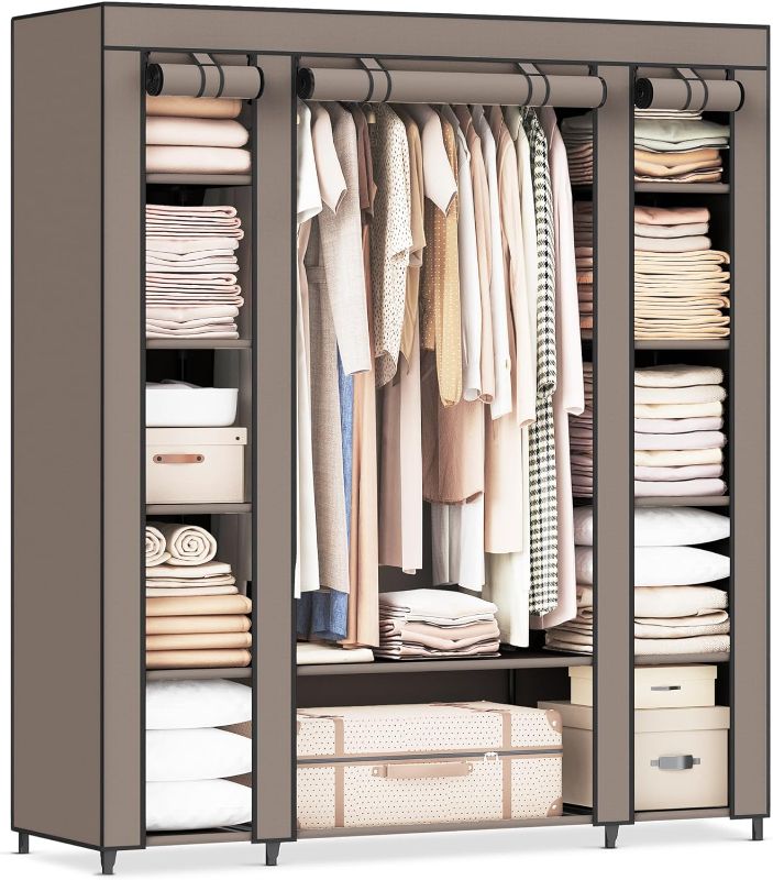 Photo 1 of SONGMICS Closet Wardrobe, Portable Closet for Bedroom, Clothes Rail with Non-Woven Fabric Cover, Clothes Storage Organizer, 59x 17.7
× 69 Inches, 12 Compartments, Taupe ULSF003R02