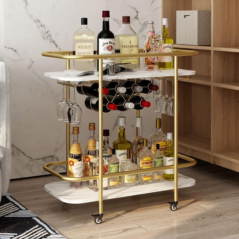 Photo 1 of Gold Bar Cart on Wheels, 33'' H Rolling Serving Bar Carts, Modern Marble Pattern Wine Cart with Glass Holder & Wine Rack, Coffee Tea Drink Trolley, Beverage Bar Cart for The Home Kitchen Party