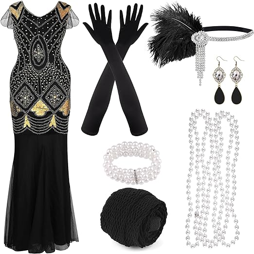 Photo 1 of Large PLULON 1920s Sequin Beaded Fringed Dress with Roaring 20s Accessories Set V Neck Gatsby Dress
