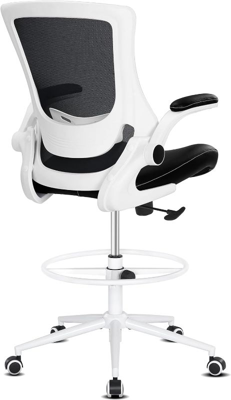 Photo 1 of Misolant Drafting Chair, Tall Office Chair for Standing Desk, Desk Chair Ergonomic Office Chair with Flip Up Arm, Height Adjustable Lumbar Support and Footrest, Mesh Office Chair(White)
