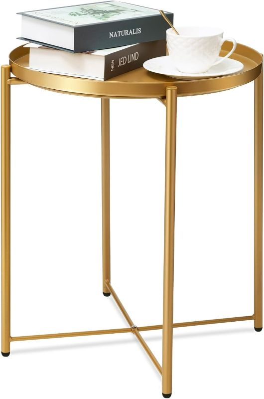 Photo 1 of danpinera Gold Side Table, Gold End Table for Small Spaces Outdoor Accent Table Round Metal Patio Coffee Table Waterproof Removable Tray Table for Living Room Bedroom Balcony Office (Gold)
