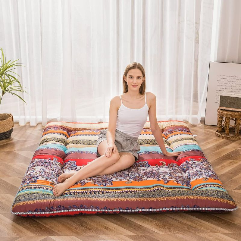 Photo 1 of MAXYOYO Bohemian Retro Floor Mattress Vintage Floral Japanese Futon Mattress Roll Up Thicken Sleeping Bed Portable Camping Mattress Floor Lounger Couch Bed Mattress Pad, FULL Size
