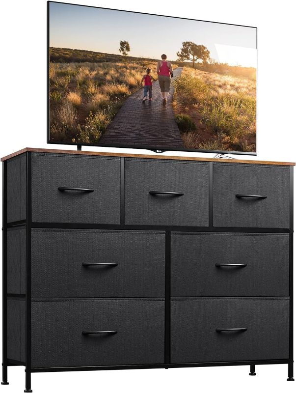 Photo 1 of WLIVE Dresser TV Stand, Entertainment Center with Fabric Drawers, Media Console Table with Metal Frame and Wood Top for TV up to 45 inch, Chest of Drawers for Bedroom, Black and Rustic Brown NEW
