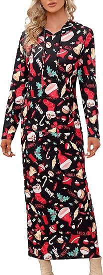 Photo 1 of (L) MISSKY Christmas Dresses for Women Long Sleeve Pullover Maxi Hoodie Dress Casual Christmas Print Hooded Dress with Pockets NEW
