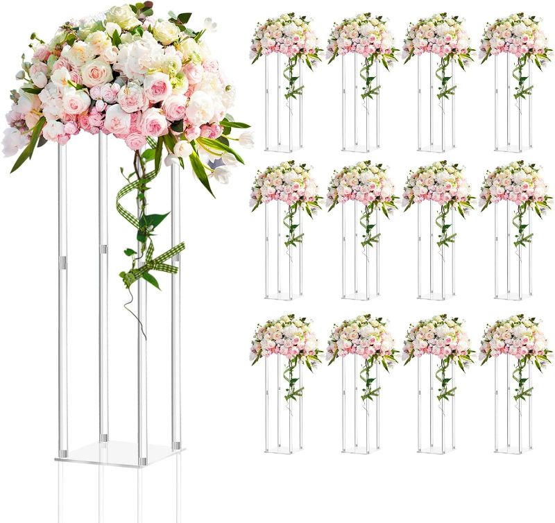 Photo 1 of Geetery 12 Pieces 28 Inch Tall Acrylic Vase Wedding Centerpieces Clear Flower Stand Column Geometric Floral Vase Elegant Display Holder for Birthday Party Wedding Table Decorations
