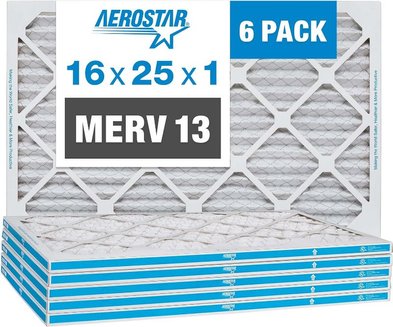 Photo 1 of Aerostar 16x25x1 MERV 13 Pleated Air Filter, AC Furnace Air Filter, 6 Pack (Actual Size: 15 3/4" x 24 3/4" x 3/4")
