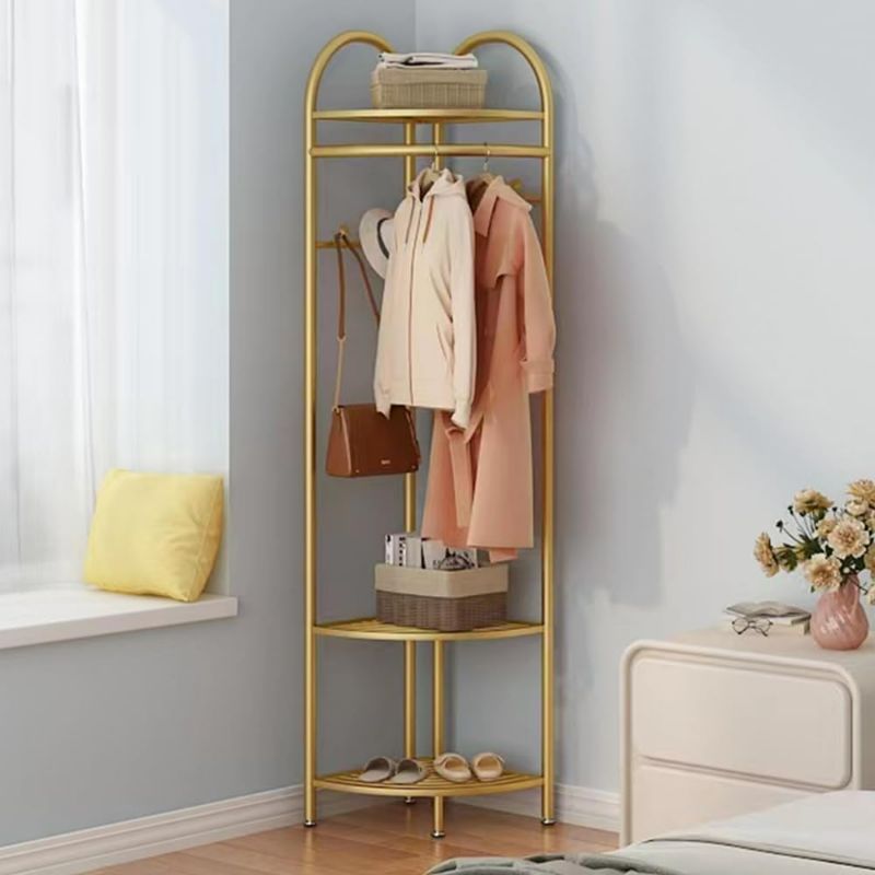 Photo 1 of FLRH Metal Corner Coat Racks, Gold Clothing Racks Hall Tree, Freestanding Garment Rack with Hooks and Storage Shelf for Hallway, Entryway, Bedroom, Living Room, Office(Gold)
