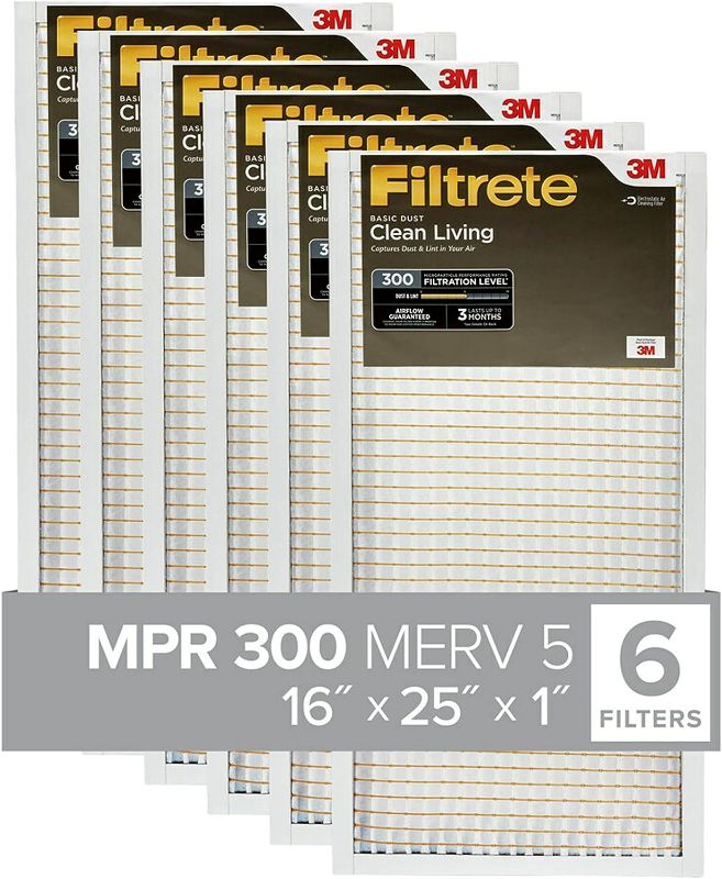Photo 1 of Filtrete 16x25x1 Air Filter, MPR 300, MERV 5, Clean Living Basic Dust 3-Month Pleated 1-Inch Air Filters, 6 Filters NEW 
