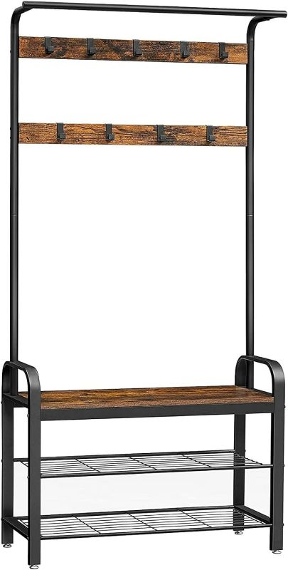 Photo 1 of Benjara Ann 72 Inch Hallway Tree, Shoe Bench, 9 Hooks, Slatted Metal Shelf, Brown and Black NEW 
