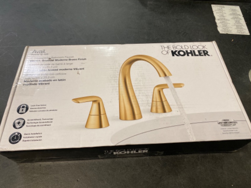 Photo 3 of Kohler Avail Vibrant Brushed Moderne Brass 2-Handle Widespread WaterSense Mid-arc Bathroom Sink Faucet with Drain K-R33048-4D-2MB