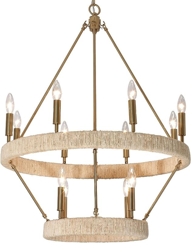 Photo 1 of Vezzio 2 Tier Brass Wagon Wheel Chandelier, 12-Light Farmhouse Chandeliers for Dining Room Living Room Foyer Entryway Light Fixture Dia 28 inch (Satin Brass)
