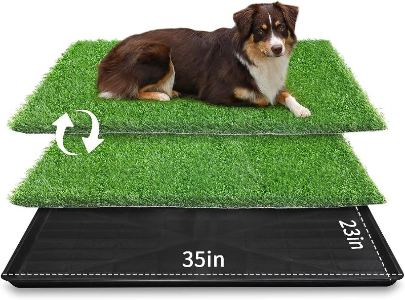 Photo 1 of 35in x 23in Extra Large Grass Porch Potty Tray, 2-Pack Replacement Artificial Grass Puppy Training Pads, Quickly Absorbency Portable Dog Patio Potty for Balcony/Apartment Use