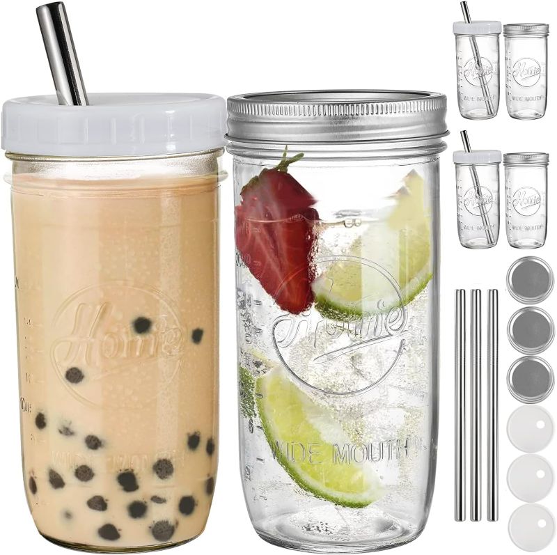 Photo 1 of Dicunoy 6 Pack 24oz Glass Smoothie Cups, Reusable Boba Tea Cups with Lids and Straws, Wide Mouth Iced Coffee Cups Tumbler, Mason Jars for Iced Beverage, Juice, Jam, Honey, Travel Drinking
