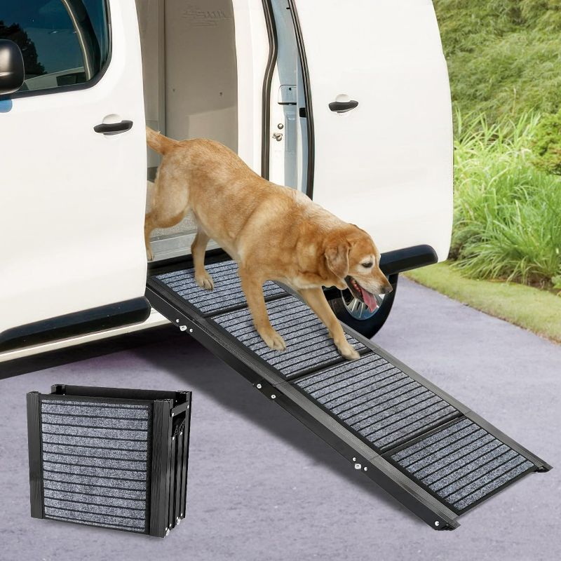 Photo 1 of Folding Dog Car Ramp for Van/Minivan,Dog Ramp for Bed with Non-Slip Rug Surface,Portable Dog Car Ramp Large Dogs SUV,Outdoor Dog Ramp Stairs for Dogs Up to 150lbs Get On Porch Steps,Bed & Couch