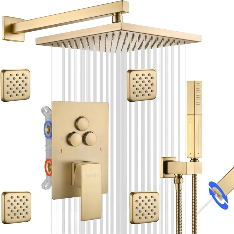 Photo 1 of  Shower System Brushed Gold Wall Mount Shower Faucet Set with 4PCS Body Jets, Push Button Diverter Shower Fixtures with 2 in 1 Handheld