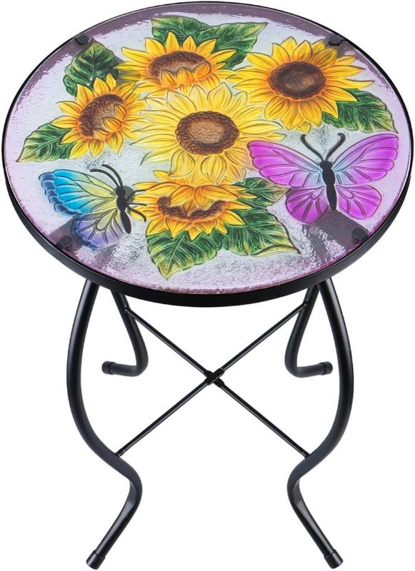 Photo 1 of VCUTEKA Patio Side Table Plant Stands Outdoor Accent Table Small Mosaic Table Glass Top Round Balcony Coffee Table Sunflower
