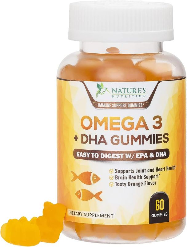 Photo 1 of Omega 3 Fish Oil Gummies, Heart Healthy Omega 3 Supplement with High Absorption DHA & EPA, Extra Strength Joint & Brain Support, Omega 3 Fish Oil Nature's Gummy Vitamin, Orange Flavor - 60 Gummies NEW
