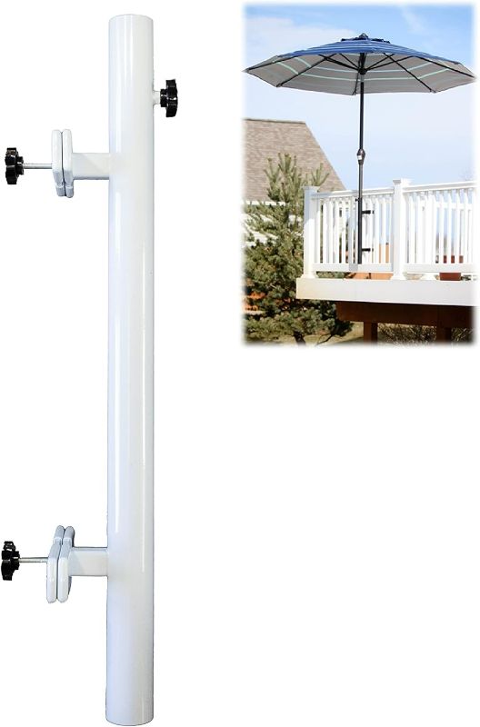 Photo 1 of DECK Patio Umbrella Holder | Outdoor Umbrella Base and Mount | Attaches to Railing Maximizing Patio Space and Shade (White)