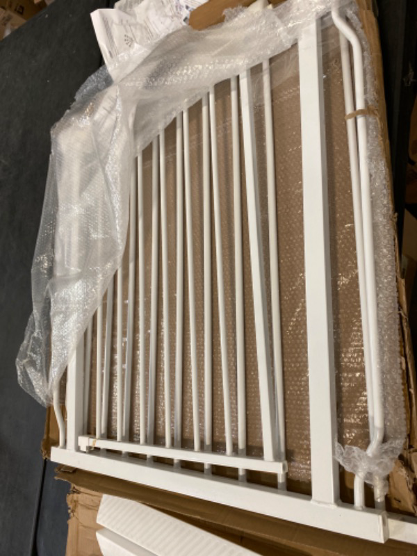 Photo 2 of ALLAIBB Walk Through Baby Gate Auto Close Tension White Metal Child Pet Safety Gates with Pressure Mount for Stairs,Doorways and Baniste 62.2-66.9 in
