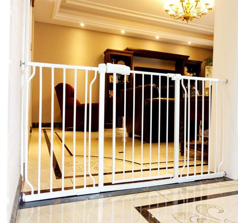 Photo 1 of ALLAIBB Walk Through Baby Gate Auto Close Tension White Metal Child Pet Safety Gates with Pressure Mount for Stairs,Doorways and Baniste 62.2-66.9 in
