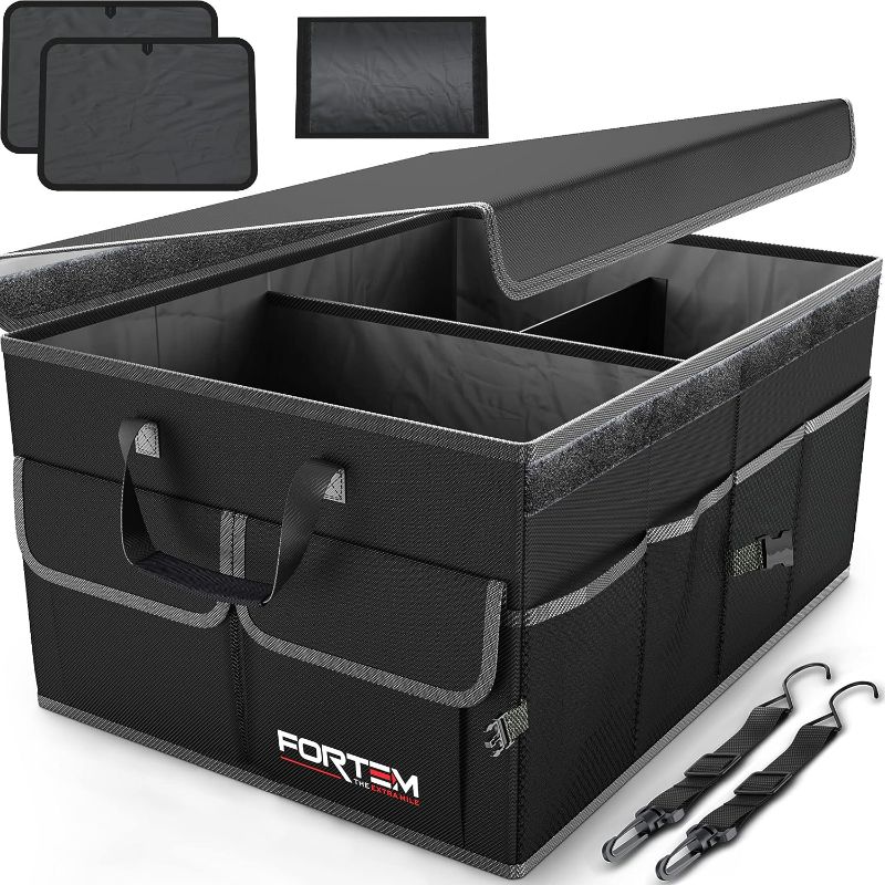 Photo 1 of FORTEM Car Trunk Organizer, Car Storage Organizer, Collapsible Multi Compartment Car Organizer, SUV Trunk Organizer, Non Slip Bottom, Adjustable Securing Straps, Foldable Cover (Black, Large Size)
