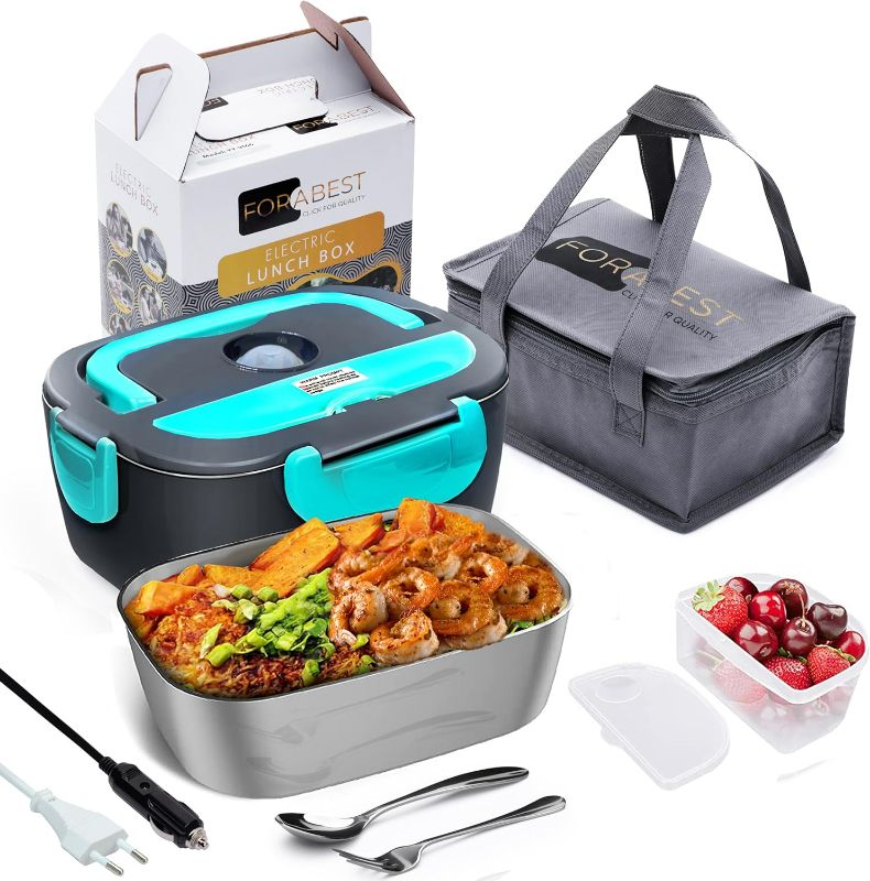 Photo 1 of  Electric Lunch Box for Food, Portable Warming Container for Food for Car & Home, Leak-Proof Warming Container, Stainless Steel, Fork, Spoon and Carry Bag