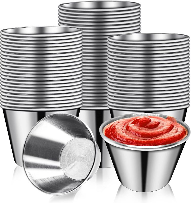 Photo 1 of 50 Pcs Metal Sauce Cups 2.5oz Ramekins, Stainless Steel Dipping Sauce Cups Metal Condiment Container Reusable Round Butter Dressing Sauce Cups Restaurant Small Bowls NEW