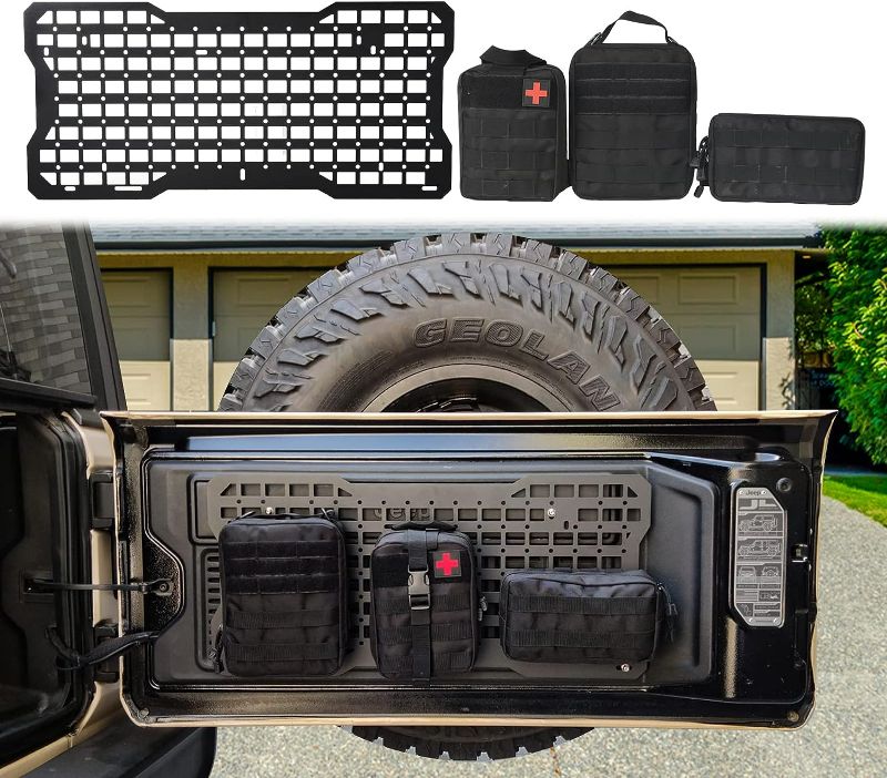 Photo 1 of Tailgate Molle Panel Rear Door Cargo Organizer Kit Interior Storage Metal Plate with 3 Storage Bags for 2007-2022 Jeep Wrangler JK/JL 4XE 18988
