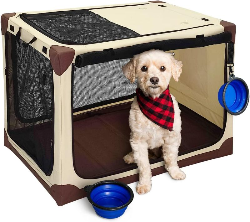 Photo 1 of  Pecait Dog Travel Crate, Large Portable Dog Kennel 30in Travel Dog Crate, Easy to Carry Detachable Indoors Outdoors Collapsible Dog Cage with Two Foldable Dog Bowls and Side Storage Pocket - Beige
