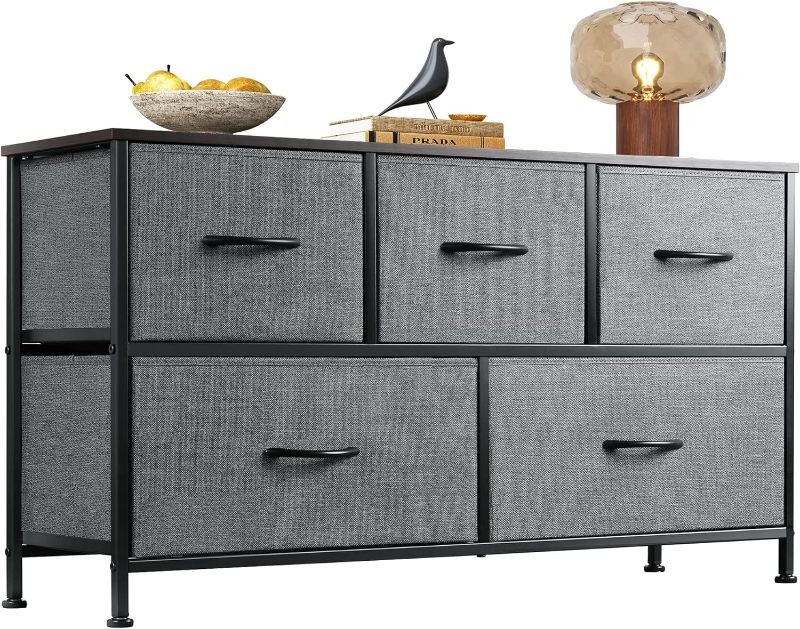 Photo 1 of WLIVE Dresser for Bedroom with 5 Drawers, Wide Chest of Drawers, Fabric Dresser, Storage Organizer Unit with Fabric Bins for Closet, Living Room, Hallway, Nursery, Dark Grey
