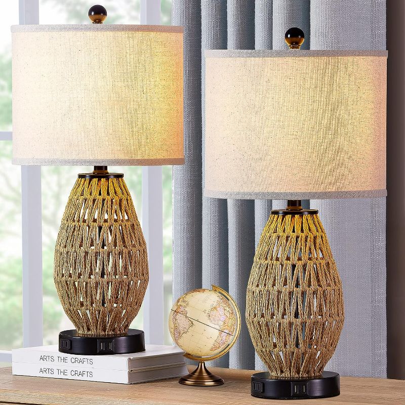 Photo 1 of CINSARY Touch Control Rattan Table Lamps, 3 Way Dimmable Bedside Lamps for Bedroom Set of 2 with 2 USB Ports and AC Outlet, Wicker Nightstand Lamps for Living Room Home Office (2 LED Bulbs Included)
