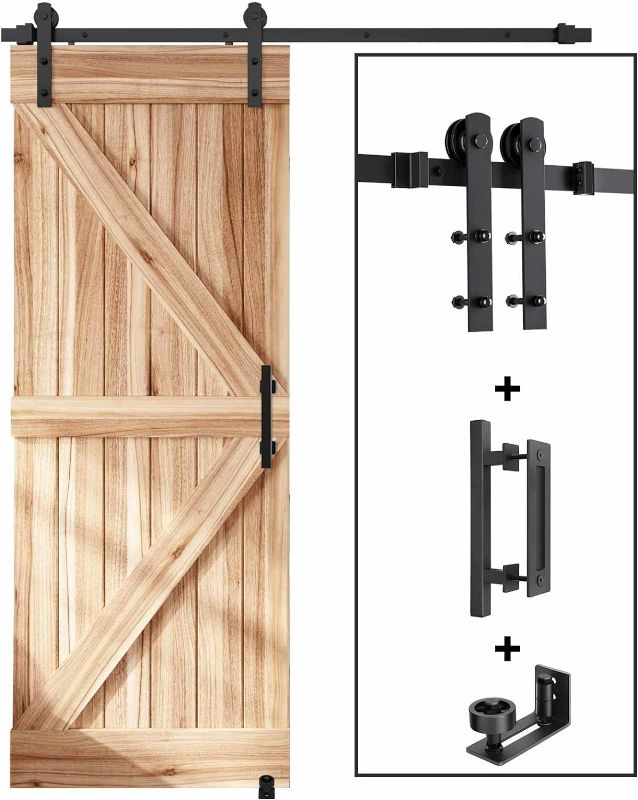 Photo 1 of PHOTO AS REFERENCE (REFERE TO INSTRUCTION PHOTO) , EaseLife 5 FT Sliding Barn Door Track and Handle Hardware Kit,Heavy Duty,Straight Pulley,Slide Smoothly Quietly,Easy Install (5FT Track Kit for 24"~30" Wide Single Door)
