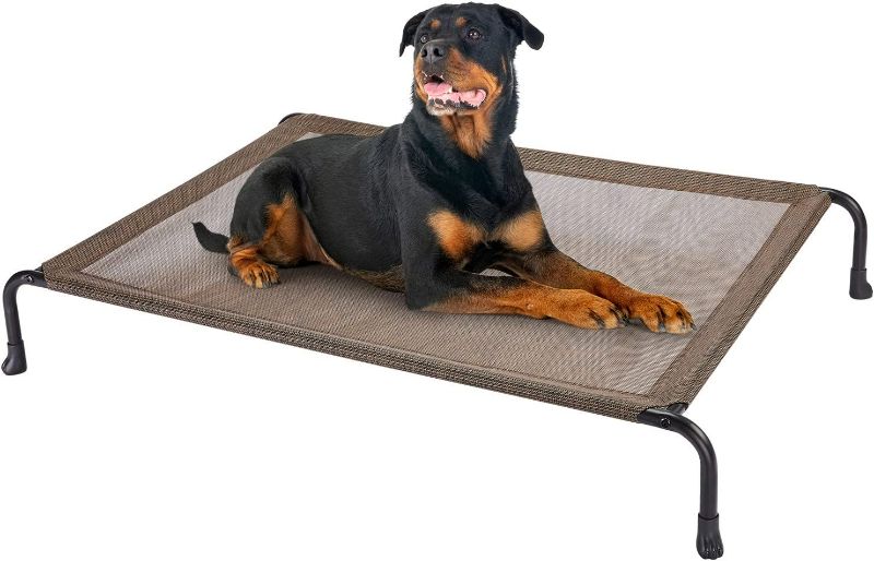 Photo 1 of Veehoo Outdoor Elevated Dog Bed, Cooling Raised Dog Cots Beds with No-Slip Feet, Durable Pet Bed for Large Medium Dogs, Washable & Chew Proof Mesh Fabric Cots for Indoor Outdoor, Large, Brown
