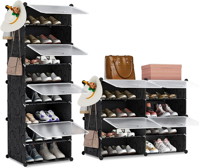 Photo 1 of YIHATA Shoe Rack Cabinet 16 Pair Shoe Storage Cabinet with Doors for Entryway 8-Tier Plastic Shoe Shelves with Covered DIY Freestanding Shoe Tower for Closet Entryway Hallway Bedroom (Black) NEW 
