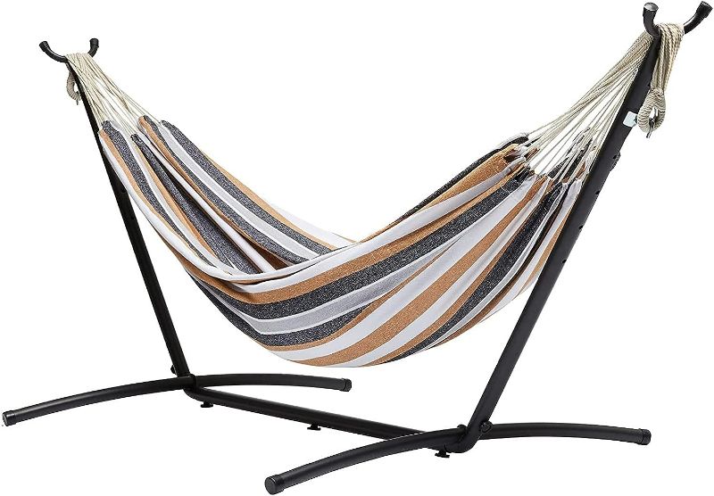 Photo 1 of Amazon Basics Double Hammock with \Space Saving Steel Stand and Carrying Case, 400 lb Capacity, Multi Color, 46.01 x 118 x 39.37 in
