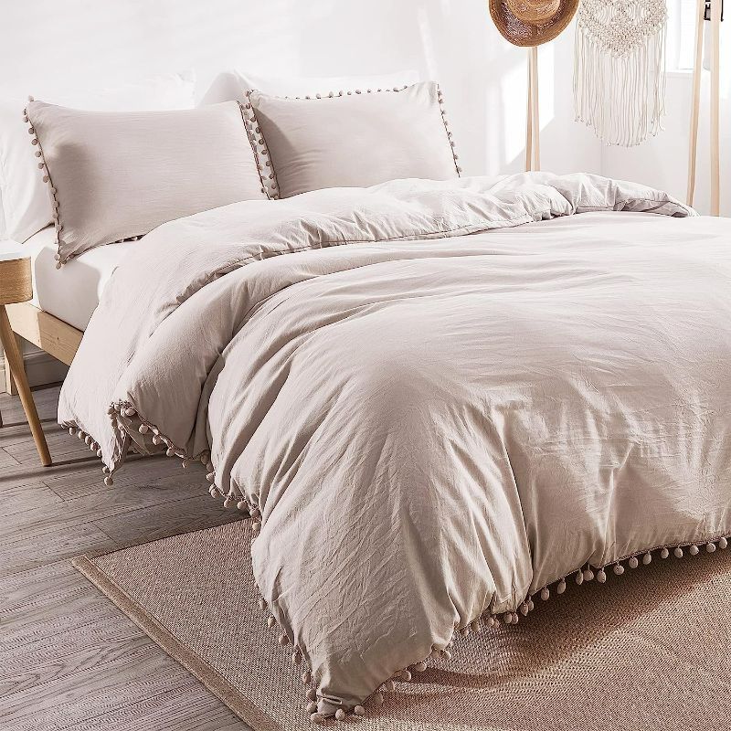 Photo 1 of Andency Pom Pom Fringe Duvet Cover Queen Size (90x90 Inch), 3 Pieces (1 Solid Khaki Duvet Cover, 2 Pillowcases) Soft Washed Microfiber Duvet Cover Set with Zipper Closure, Corner Ties