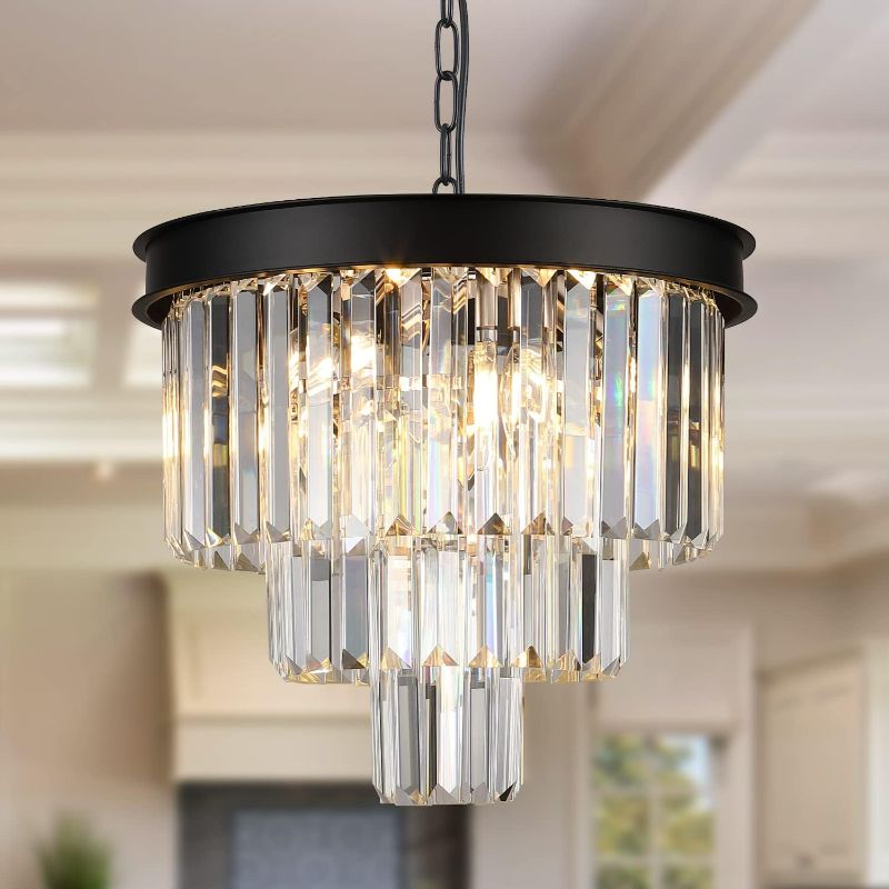Photo 1 of AXILIXI Modern Crystal Chandeliers 16” Black Ceiling Pendant Light Fixture 3 Tiers Dimmable Flush Mount Chandeliers Round Raindrop for Living Room Dining Room Foyer Kitchen Entryway
