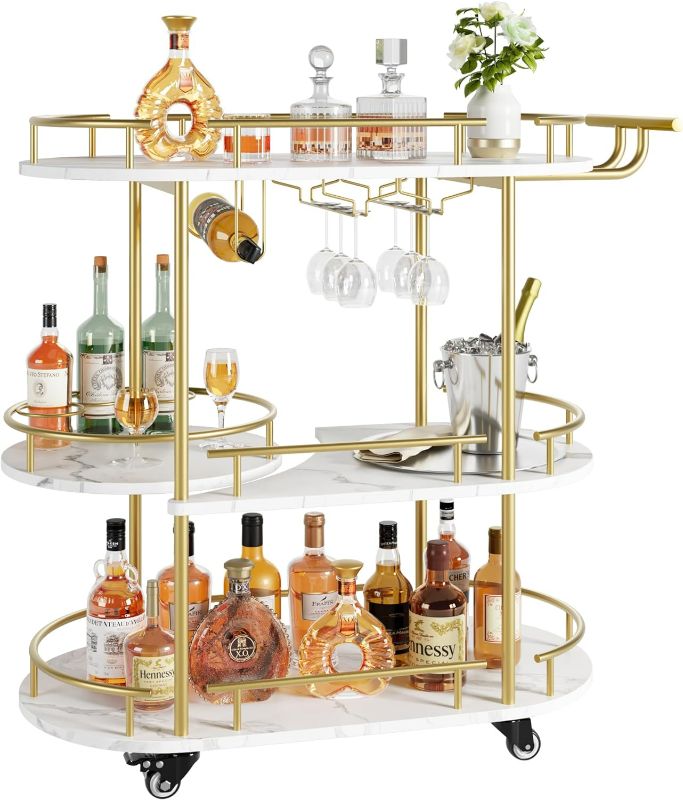 Photo 1 of 3 Tier Bar Carts for The Home, Rotated Bar Cart Gold with Wine Rack and Glass Holder, Bar Serving Cart with Wheels for Living Room, Kitchen, Dining Room-Gold (PHOTO AS REFERENCE) 