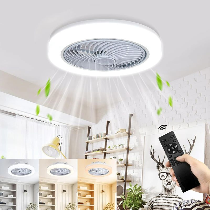 Photo 1 of Ceiling Fans with Lights Remote Control, Modern Flush Mount Ceiling Fan with LED Lights, Dimming 3 Colors 3 Speeds Small Bladeless Ceiling Fan Low Profile for Bedroom, Living Room, Kitchen(White)


