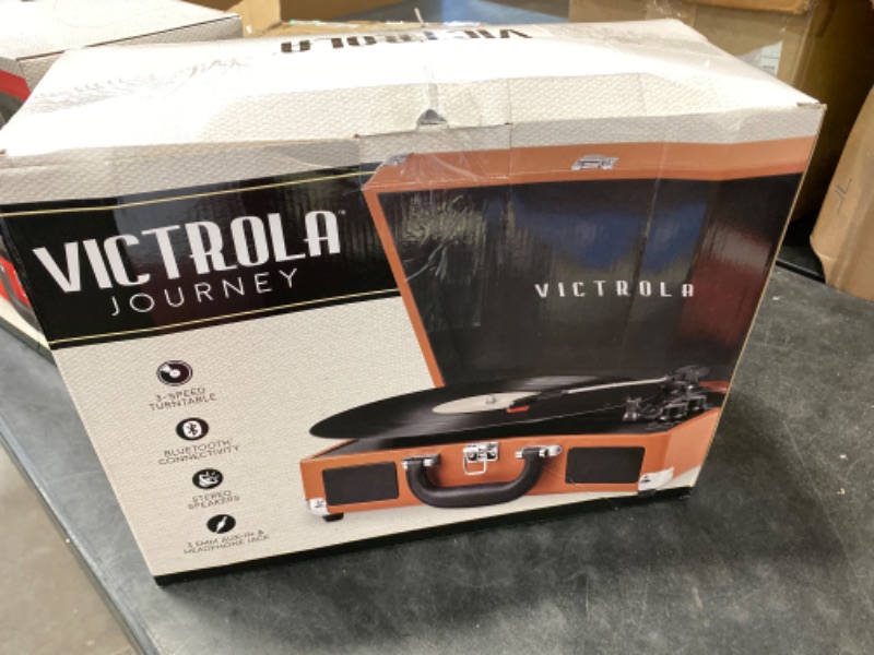 Photo 3 of Victrola Vintage 3-Speed Bluetooth Portable Suitcase Record Player with Built-in Speakers, Upgraded Turntable Audio Sound, Cognac Cognac Record Player